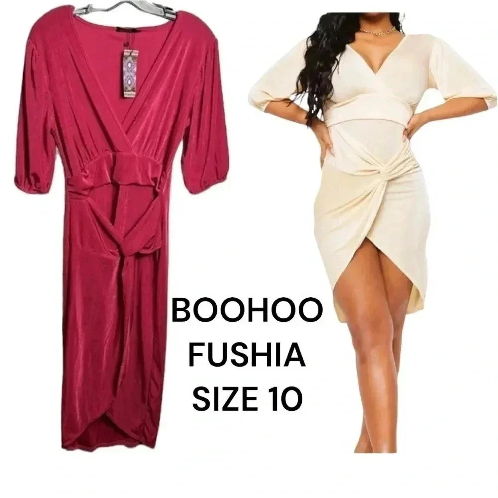 BOOHOO bodycon barbiecore dress! NWT wrap overlay,fuchsia,supplice,event,sexy